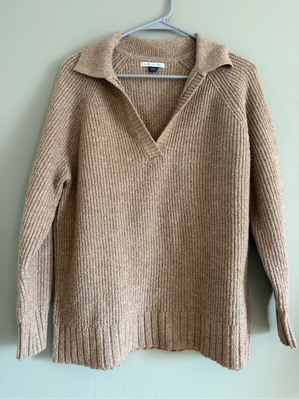 American Eagle Oversized Collared V-Neck Ribbed Sweater Tan XS